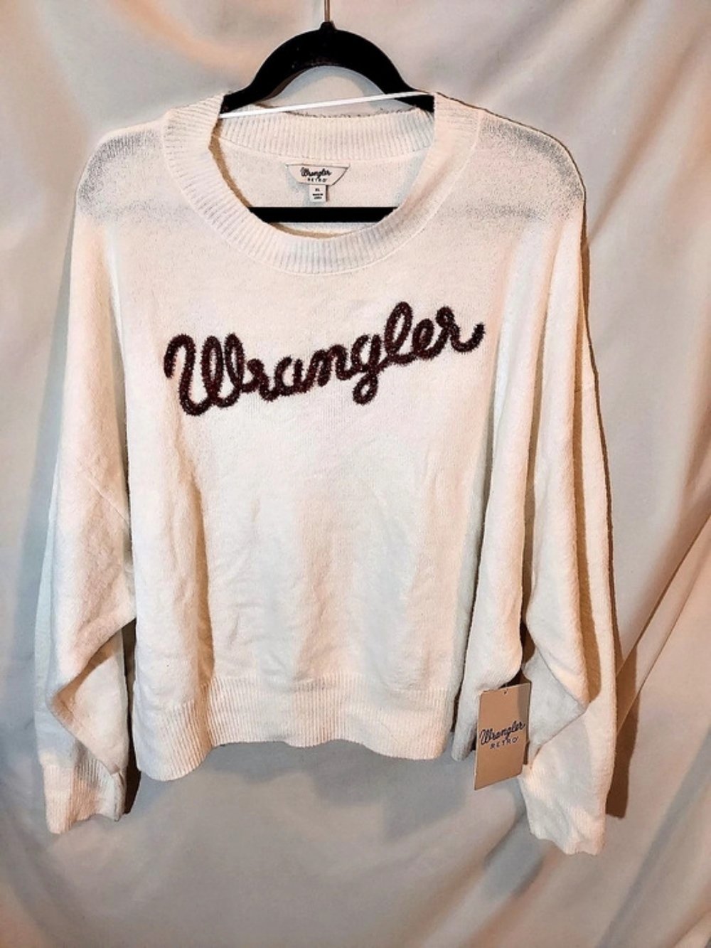 Wrangler Retro White Glitter Script Logo Knit Crewneck Sweater - NWT XL